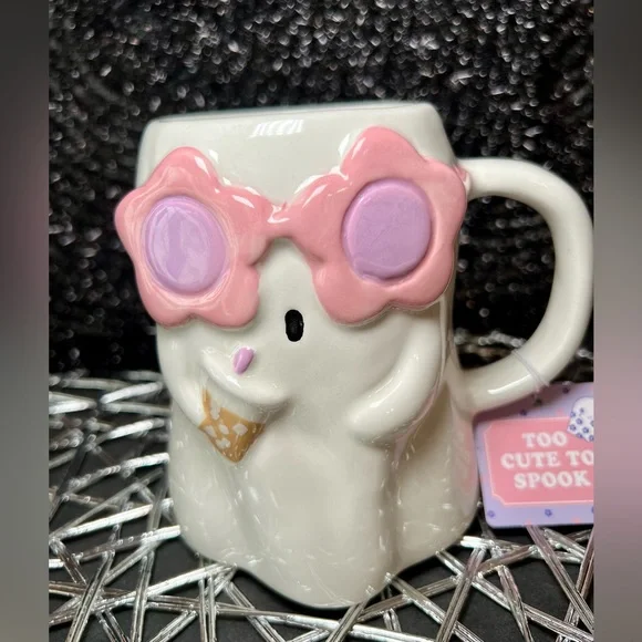 Halloween Ceramic Cold Brew Drinking Girlie Girl Ghost Mug Flower Sunglasses - Picture 7 of 10
